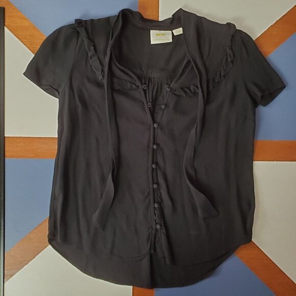 Maeve Adagio Ruffled Blouse Womens Small Black Button Up Tie Neck‎ Anthropologie - Picture 1 of 8